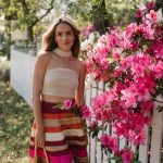 gold knit top orange color block raffia skirt woven tote strappy sandals