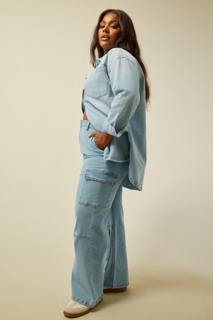 Curve Blue Wide Leg Cargo Jeans
