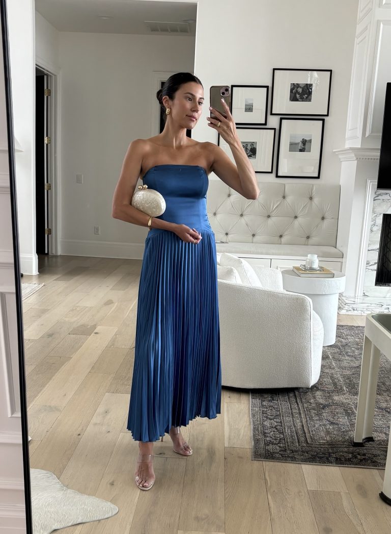 Christine Andrew in an Abercrombie wedding guest dress on sale